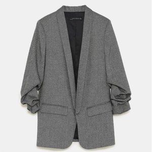 Zara Gray Herringbone 3/4 Ruched Sleeve Blazer